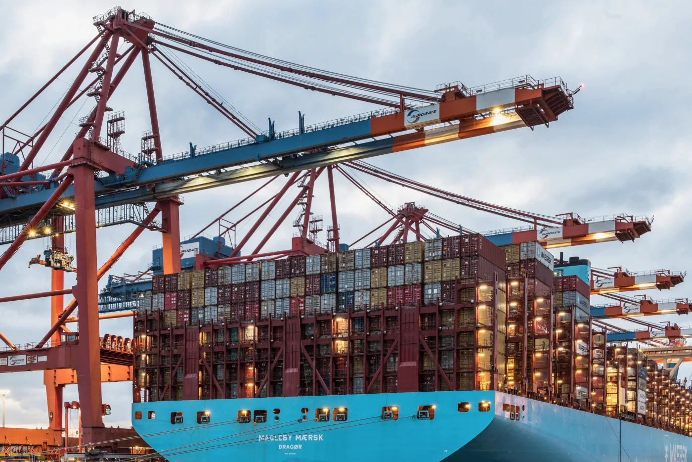 Container port at dusk